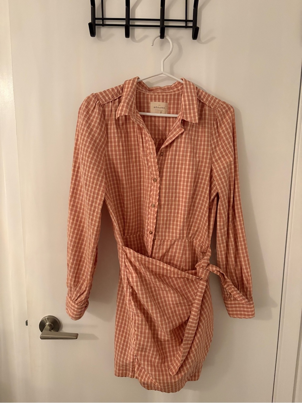 Sezane Long Sleeve Wrap-Detail Mini Dress in Rust Check